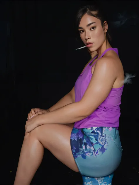 there is a woman sitting on a stool with a purple shirt, squatting pose, sitting on bent knees, photo from the back, squatting, side pose, forward facing pose, leg and hip shot, squatting down next to a pool, from the side, smoking with squat down pose, sh...