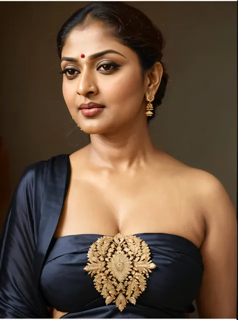 Wearing a sexy satin saree with strapless Bra, sexy Indian housewife, Looks like Indian Actress Nayanthara, actress Nayanthara, mallu, mallu aunty, desi aunty, full figured mature beauty,  sweaty skin , shining skin, sweat, attractive figure, 48 years old,...