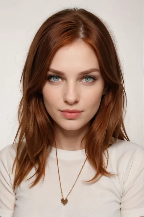 ID card type photo of a very pretty redhead woman with beautiful lips staring at the camera hyper realistic