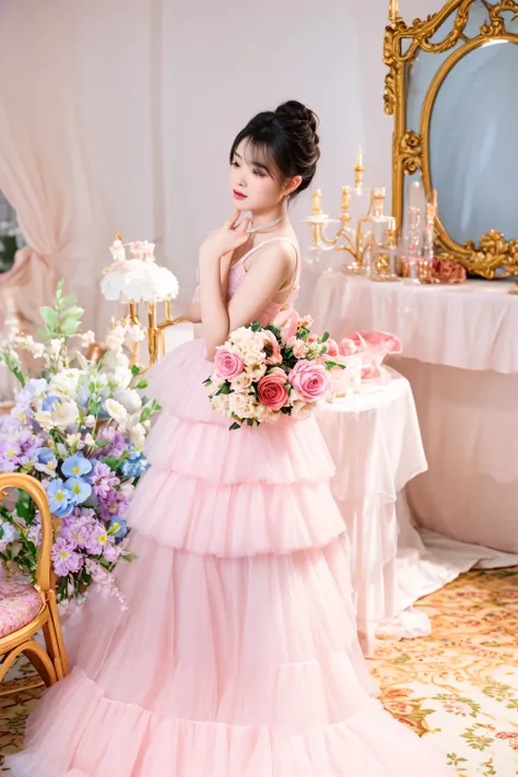 there is a woman in a pink dress standing in front of a table, pink romantic tutu, with soft pink colors, wearing a pink ballroom gown, in romantic style, (pink colors), brilliant pink ball gown, wearing pink romantic tutu, wearing pink floral gown, wearin...