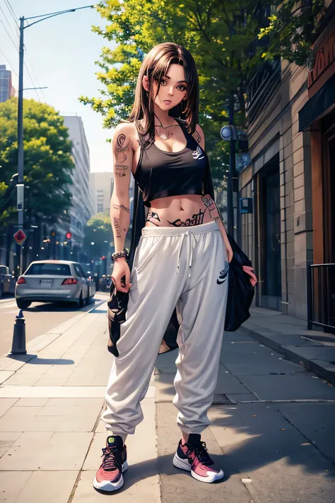 Brunette about 20 years old. Tattooed all over her body. Dressed in sweatpants and a tank top, shoes in nike air jordan. Standing on the street in the middle of an empty park, waist-length hair 