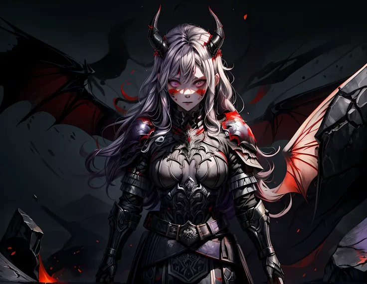 fantasy art, RPG art, masterpiece, a portrait picture o hellish female demon from hell, she has (black horns: 1.2), (black: 1.2) demon wings, (red: 1.3) skin, red lava dripping from her, she wears (white: 1.3) armor, (purple: 1.3) ArmoredDress, streams of ...