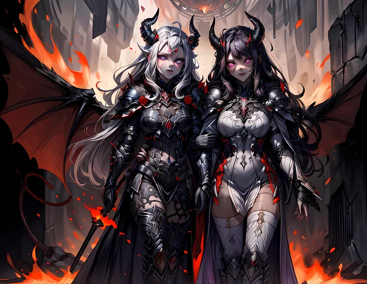 fantasy art, RPG art, masterpiece, a portrait picture o hellish female demon from hell, she has (black horns: 1.2), (black: 1.2) demon wings, (red: 1.3) skin, red lava dripping from her, she wears (white: 1.3) armor, (purple: 1.3) ArmoredDress, streams of ...
