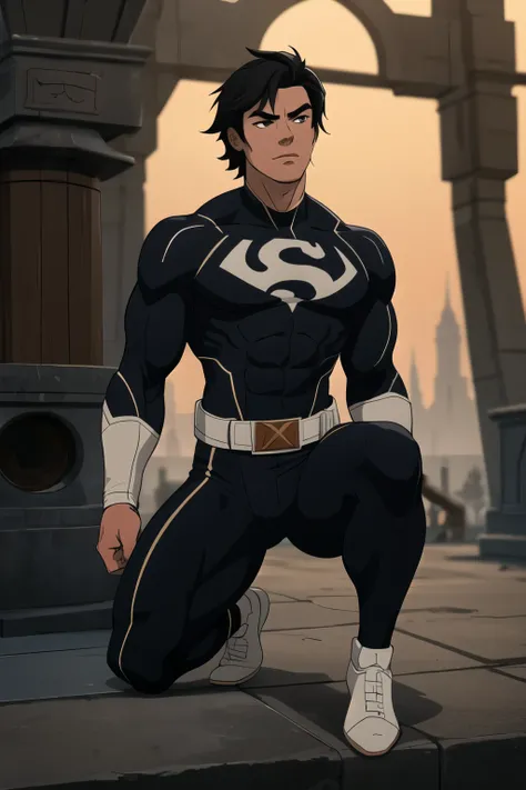 Create a compelling character art of a 20-year-old male He possesses a well-built physique that hints at his strength and agility without being overly muscular. With his black hair and black eyes, he exudes an air of determination. He wars a superhero cost...