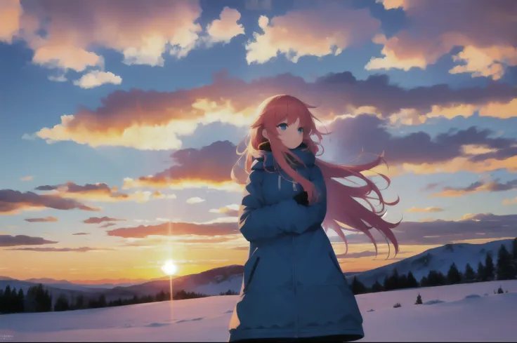 absurdres, highres, best quality, 1girl, snow,comfy, scenery, sunset, clouds, wind,