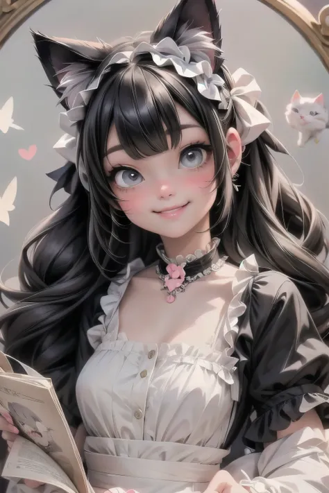 a cat girl smiling, lolita art style, kawaii, pumps,