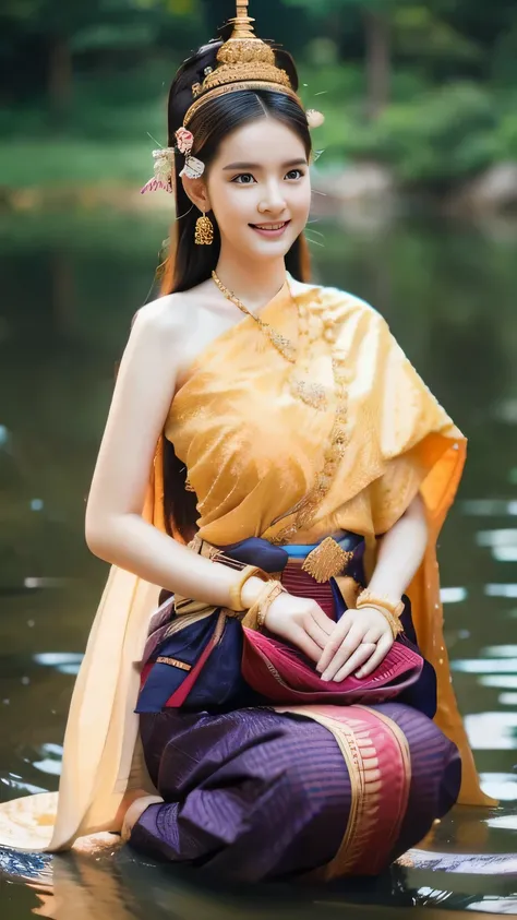 beautiful girl ,Thai women'warrior, walking at thai measure, dynamic poses, Thai Chat Set, Strapless shirt, long hair,black eyes,abdominal muscles, plump body, rounded chest, (big breast:1.3), rift, morning sun, staring at the audience, (sexy poses), (...