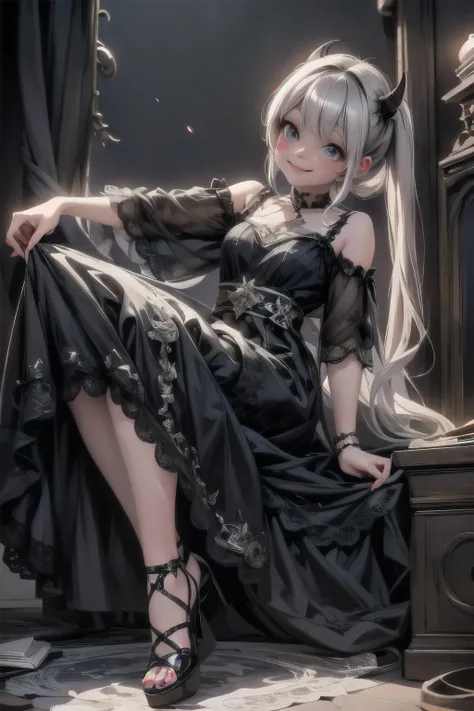 a cute demon smiling leaning forward, adjusting_footwear, lace cloth dress, theatre at night, creepy, horror style