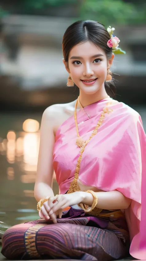 beautiful girl ,Thai women'warrior, walking at thai measure, dynamic poses, Thai chat set, Strapless shirt, long hair,black eyes,abdominal muscles, plump body, rounded chest, (big breast:1.3), rift, morning sun, staring at the audience, (sexy poses), (...