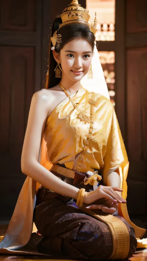 beautiful girl ,Thai women'warrior, walking at thai measure, dynamic poses, Thai chat set, Strapless shirt, long hair,black eyes,abdominal muscles, plump body, rounded chest, (big breast:1.3), rift, morning sun, staring at the audience, (sexy poses), (...