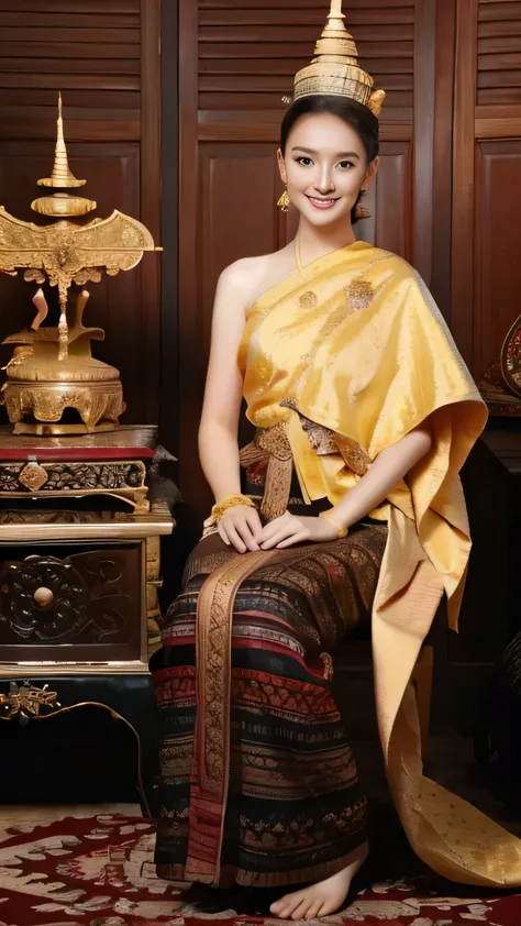 beautiful girl ,Thai women'warrior, walking at thai measure, dynamic poses, Thai chat set, Strapless shirt, long hair,black eyes,abdominal muscles, plump body, rounded chest, (big breast:1.3), rift, morning sun, staring at the audience, (sexy poses), (...