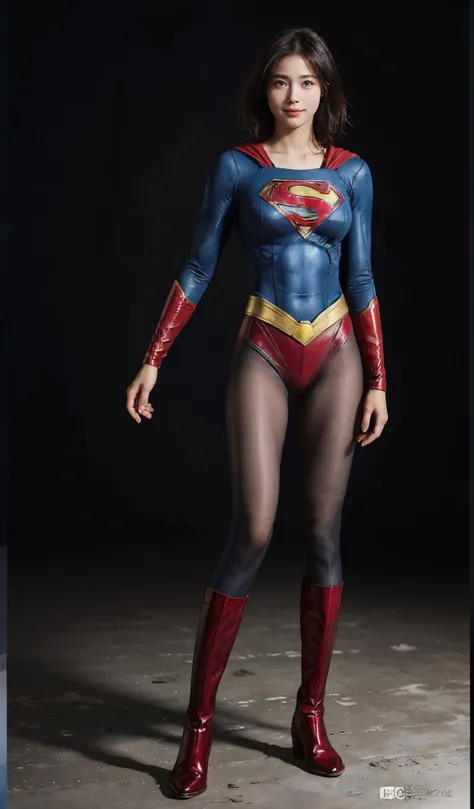 No background、(((Beautiful legs in black tights.)))、(((Legally express the beauty of your smile)))、((((Make the most of your original images)))、(((Supergirl Costume)))、(((Beautiful short bob hair)))、(((suffering)))、(((Please wear black tights....、Wear red ...