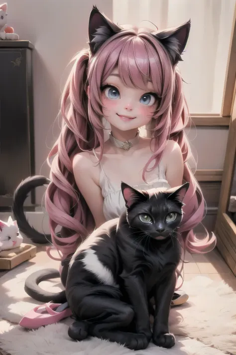 a cat girl smiling, lolita art style, kawaii, pumps