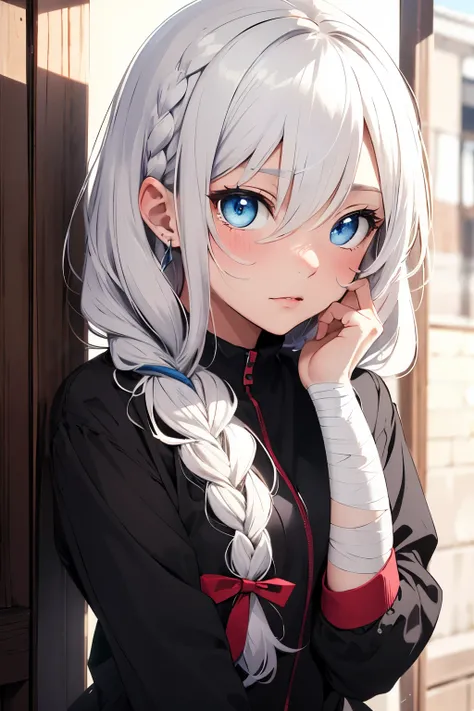 ((best quality)), ((masterpiece)), (detailed), girl, kawaii, braids, white hair, blue eyes, sparkly eyes, shy, red blushing face, bandages, patting her head, vibrant colour clothes 