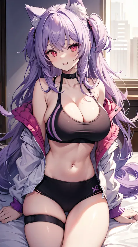 Wolf Girl, Large Breasts, Voluminous, messy, light purple hair, masterpiece , Red eyes, hd, Head to Chest, Put in your chest、 tooth、Double teeth,, On the bed、Thick thighs、Grinning、Sports Bra、Big Tits、Open your mouth、Jacket