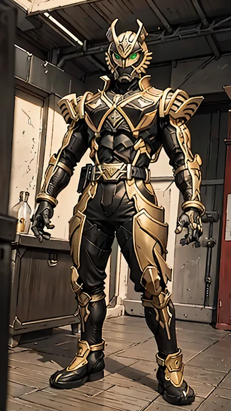 A man wearing a full-face helmet, a fantasy-style biomecha armored combat suit, green eyes, a composite layered chest armor, fully enclosed shoulder guards, matching arm and leg guards, the belt is adorned with dragon claw grasping orbs, primarily black wi...