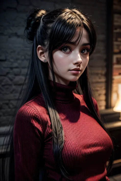 1;garota Tohsaka Rin,solo cabelo preto longo , red sweater , olhando para mim, happy smile expression, olhando para o espectador fundo azul, cabelo preto fundo simples dois lados para cima ,gola alta ,olhos azuis, lips closed mouth,fita de cabelo franja ,h...