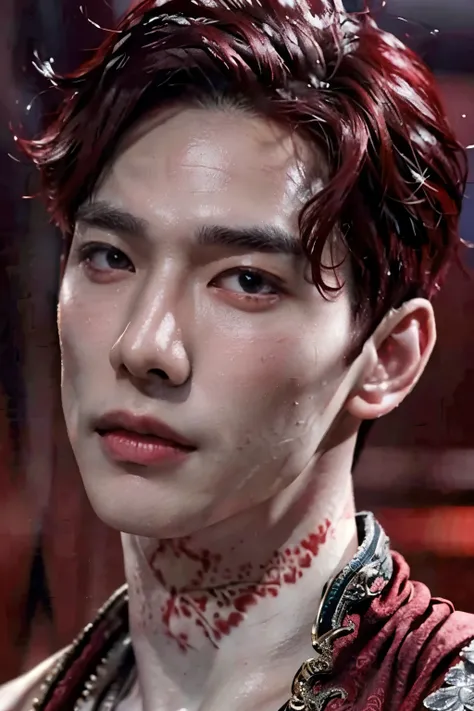 (8k, RAW photo, best quality, masterpiece:1.2), (realistic, photo-realistic:1.4), ultra-detailed, (high detailed skin:1.2), (asian) pale skin, blushing red makeup, white and red hair, handsome 1man,  