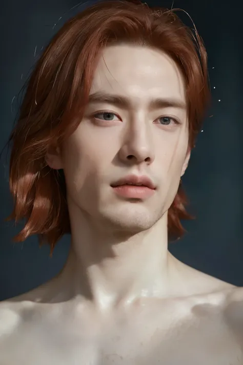 (8k, RAW photo, best quality, masterpiece:1.2), (realistic, photo-realistic:1.4), ultra-detailed, (high detailed skin:1.2), (asian) pale skin, white and red hair, handsome 1man,  