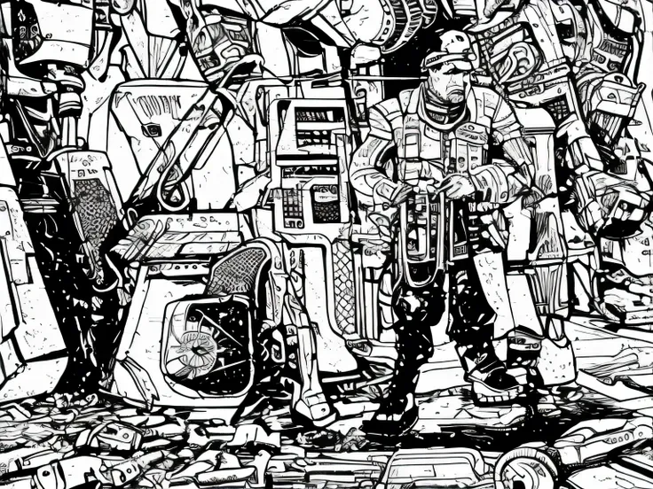 ((1 wonan, grey scale)), ballistic vest, sci-fi, pistol, tools, wrench, weapons, suit, speaking, worn out, mech pilot