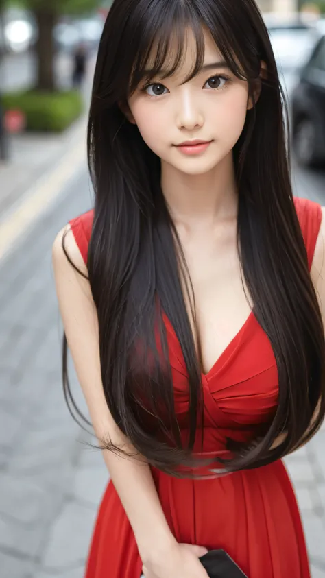 Shining, clear, white skin、Her windblown black hair hides her beautiful face.、huge、Sexy beautiful face of 28 years old、Beautiful straight hair that stands out、growing up, glowing light brown eyes、Sexy long silky bangs covering the eyes, Sexy young woman wi...