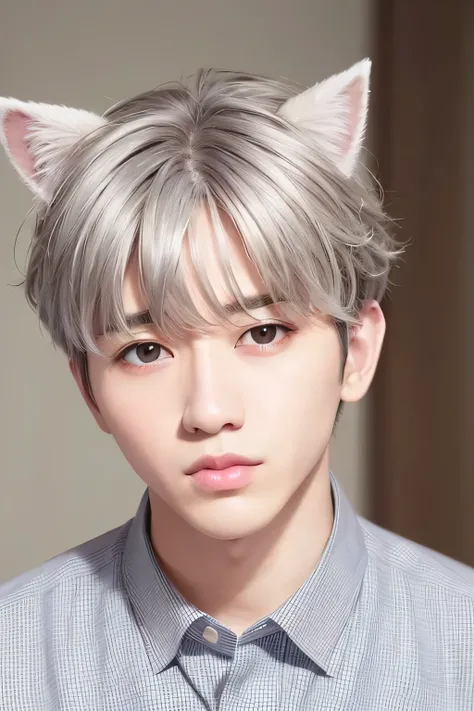 １male、、highest quality、masterpiece、8k、、Realistic Skin、(head shot:1.45)、、disheveled gray hair、(White dog ears)、、(Brown eyes)、Striped shirt