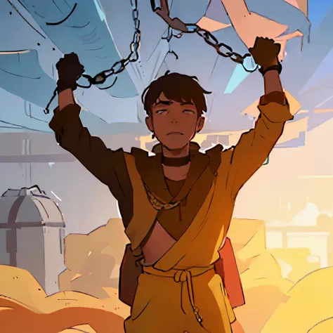 silhouette of a man holding a chain with a sunset in the background, handcuffs on your hands, dormant in correntes, the the man is wrapped in correntes, holding golden correntes, correntes broken on hands, correntes on hands, correntes, wearing correntes, ...