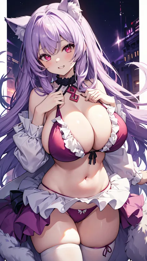 Wolf Girl, Large Breasts, Voluminous light purple hair, masterpiece , Red eyes, hd, Thick thighs, Head to Chest, buried in my chest、Double teeth、tooth、Chubby、Grinning、Frilled bikini、Big Tits