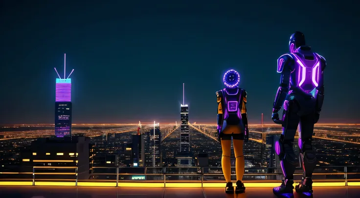 Una familia de robots mostrando la espalda viendo una ciudad a la velocidad de la luz neon
