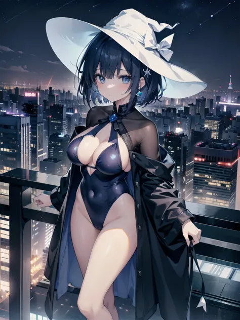 A girl stands on the rooftop of a high-rise building with a panoramic view of late-night Tokyo below.、She has a short bob with a white lob of hair and wears a large black witch hat with sapphire jewelry.、A high school student wearing a navy blue swimsuit w...