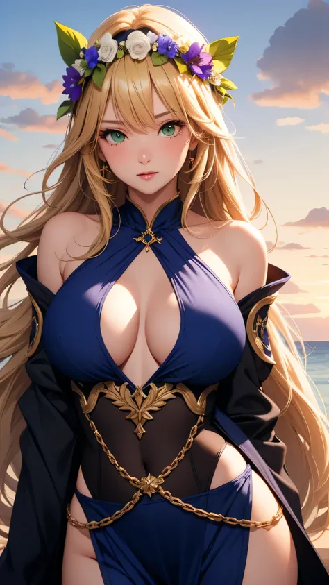 Best quality, 30yo woman, big breasts, blonde long hair, green eyes, sexy thin dark blue robes, sunset, thin fabric, upper body, sexy, angelic, flower crown, skimpy,