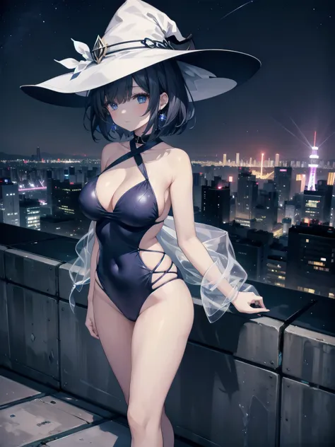 A girl stands on the rooftop of a high-rise building with a panoramic view of late-night Tokyo below.、She has a short bob with a white lob of hair and wears a large black witch hat with sapphire jewelry.、A high school student wearing a navy blue two-piece ...