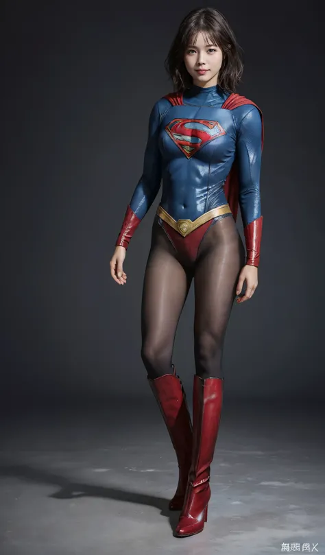 No background、(((Beautiful legs in black tights.)))、(((Legally express the beauty of your smile)))、((((Make the most of your original images)))、(((Supergirl Costume)))、(((Beautiful short bob hair)))、(((suffering)))、(((Please wear black tights....、Wear red ...