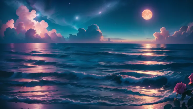 Orange moon,night time teal sky, soft pink clouds, teal ocean waves sparkling, sparkling, pink roses on pink ocean, fantasy, diamond, crown, universe, soft lights,just scene
