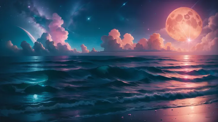 Orange moon,night time teal sky, soft pink clouds, teal ocean waves sparkling, sparkling, pink roses on pink ocean, fantasy, diamond, crown, universe, soft lights,just scene