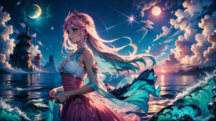 Orange moon,night time teal sky, soft pink clouds, teal ocean waves sparkling, sparkling, pink roses on pink ocean, fantasy, diamond, crown, universe, soft lights,yamato