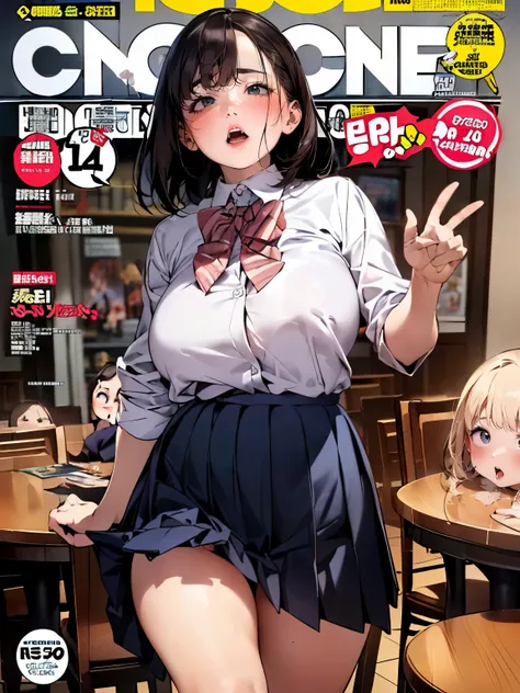 ((blush, round face, eyes with realistic sizing, drooping eyes)), (((standing a table corner to hit her crotch, pleated skirt))), open mouth, (((comic magazines cover, large title, many heading))),