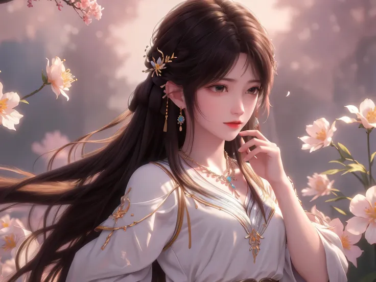 Best quality、tmasterpiece、A high resolution、1 flat-chested girl、Porcelain soft satin dress、Delicate hair accessories、Fine Necklace、detailed jewellery、pretty face、Physically、Flat and thin body,smallunderboob,Tyndall effect、realisticlying、Surrounded by flow...