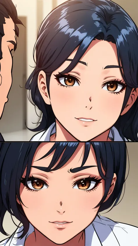 8K,high quality,anime,married woman,fair skin,beautiful face,small face,clean,bright,eye highlights,beautiful line drawing. Black hair, white skin, brown eyes, hero suit,