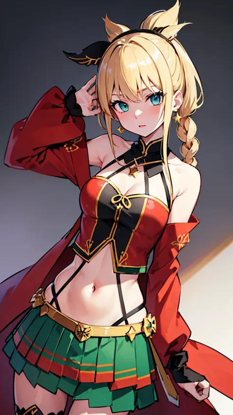 Blonde and green eyed anime girl posing for a photo, Twin tail、magical girl, mesh fabric、Kirokaze pixel art, Valkyrie、Idol costume、red and gold and black costume、No background、Combat Uniform、Star ornament、sexual activity、show the underboob、off-the-shoulder...