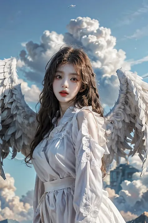 angel girl flying in the sky, korean beauty, Detailed wing expression, Plump clouds, white clouds in the sky,