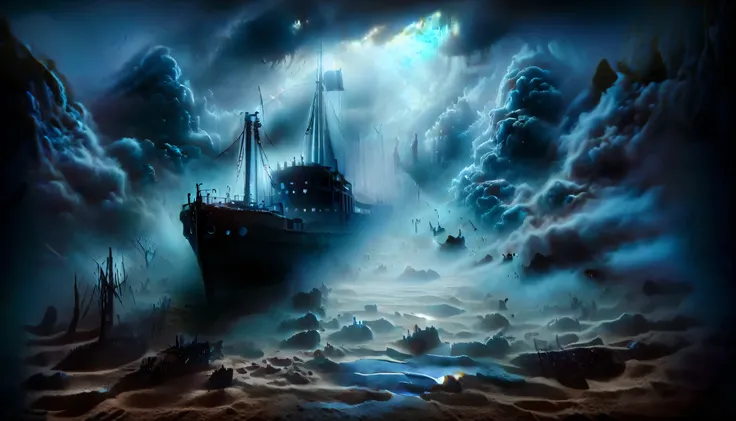 An ais-abandz ship on a foggy shoreline with remnants of its journey scattered around ais-sinisterz,4k, uhd,masterpiece