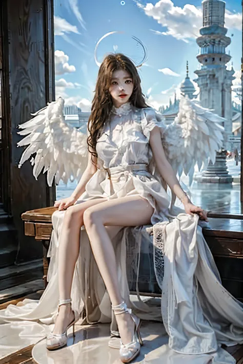 Masterpiece, 8K, angel girl flying in the sky, korean beauty, Detailed wing expression, Plump clouds, white clouds in the sky, temple of heaven, (Whole_body), (full body),