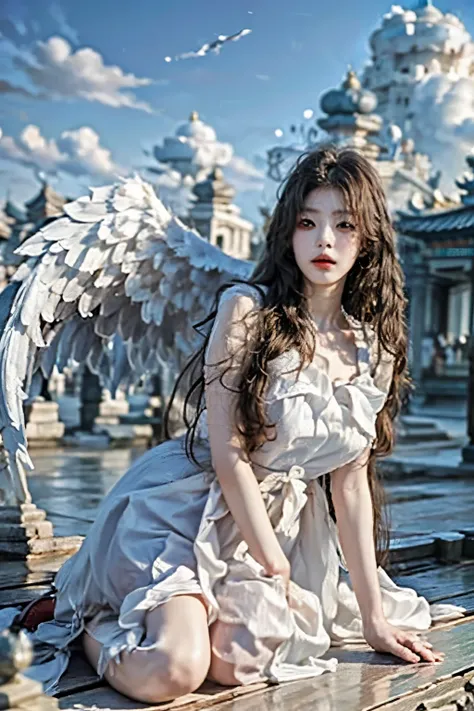 Masterpiece, 8K, (Highly detailed facial expressions), angel girl flying in the sky, korean beauty, Detailed wing expression, Plump clouds, white clouds in the sky, temple of heaven, (Whole_body), (full body),