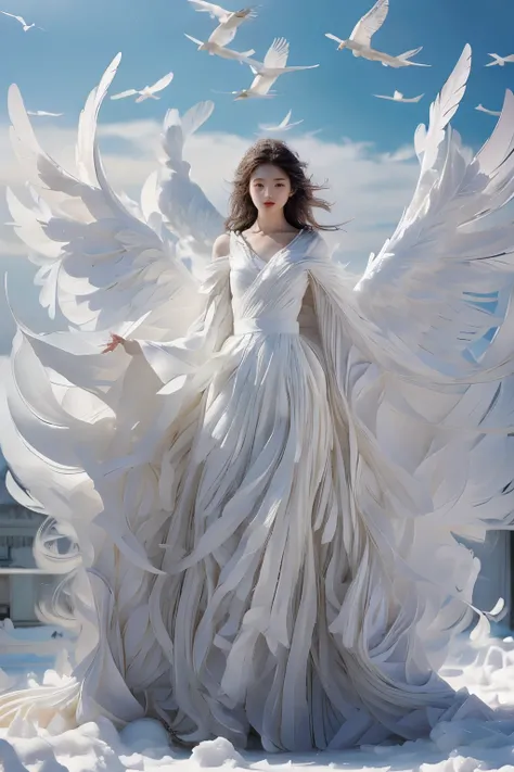 Masterpiece, 8K, (Highly detailed facial expressions), angel girl flying in the sky, korean beauty, Detailed wing expression, Plump clouds, white clouds in the sky, temple of heaven, (Whole_body), (full body),