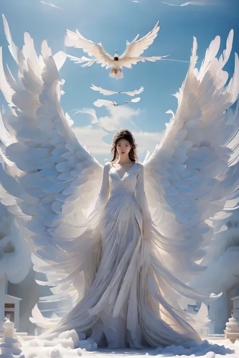 Masterpiece, 8K, (Highly detailed facial expressions), angel girl flying in the sky, korean beauty, Detailed wing expression, Plump clouds, white clouds in the sky, temple of heaven, (Whole_body), (full body),