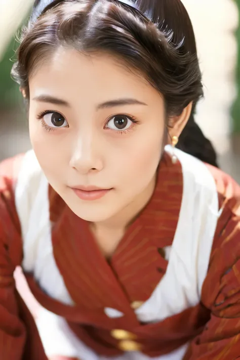 Skinny Japanese 40s woman in a costume of 1960s, cute face, detailed face, detailed eyes, a sepia-toned photo