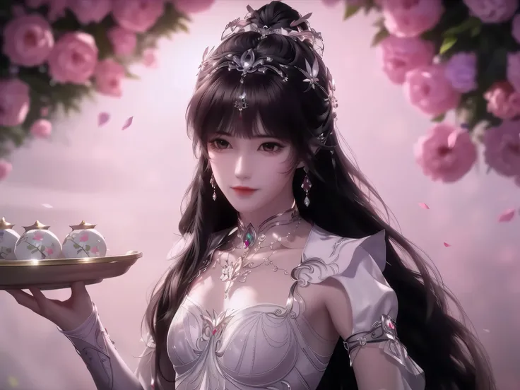 Best quality、tmasterpiece、A high resolution、1 flat-chested girl、Porcelain soft satin dress、Delicate hair accessories、Fine Necklace、detailed jewellery、pretty face、Physically、Flat and thin body,smallunderboob,Tyndall effect、realisticlying、Surrounded by flow...