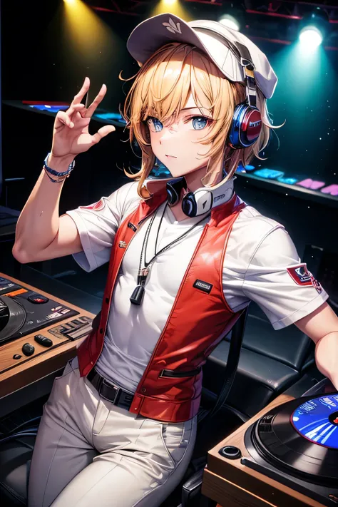 un chico guapo、DJ del club、departamento de hiphop、reggae、auriculares en mano、pelo corto dorado、Placa giratoria、Baile (salon、high resolution、en 8K、Sharp focus、zoom、con la mejor calidad de imagen、of the highest quality