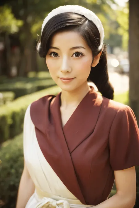 skinny japanese 40s woman in a costume of 1960s, cute face, detailed face, detailed eyes, a sepia-toned photo